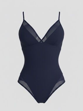 TA3 Meshy One Piece Swimsuit Midnight Blue Shapewear Lace Back NWT